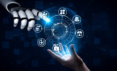 AI assisted online pharmacy icons with digital drugstore, medicine, healthcare and medical services...