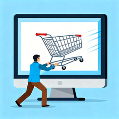 Online shopping concept with a person pushing a shopping cart