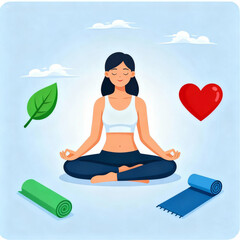 A calm woman meditating and focusing on wellbeing, wellness, and healthy lifestyle. The serene environment includes yoga mat, a heart, a leaf, and clouds