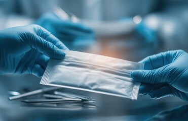 Gloved Hands Holding Sterile Pouch for Dental Instruments