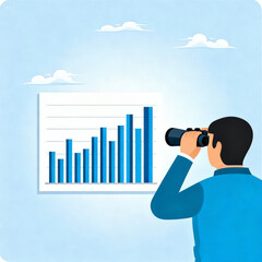 A person looking at a chart with binoculars, representing business growth and strategy 