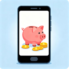 Piggy bank and coins displayed on a smartphone screen, symbolizing savings and financial technology. 