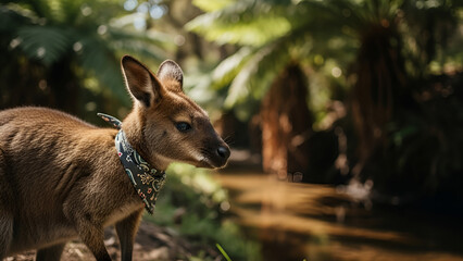 Captivating photorealistic close-up: juvenile wallaby in a patterned bandana pauses by a clear stream amidst serene bushland. Perfect for nature documentaries, children's books, mindfulness content,