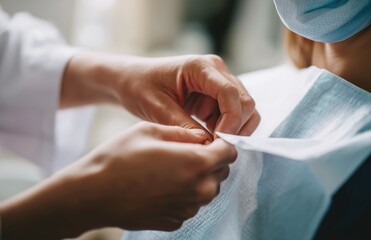 Dentist Adjusting Protective Bib for Patient