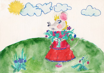 Child drawing of mouse in red dress standing at edge of forest with bouquet