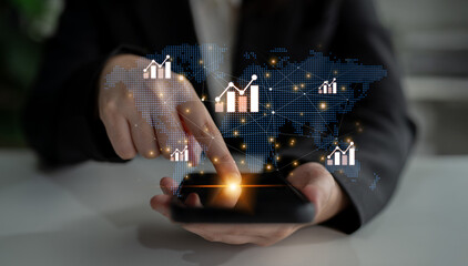 Visualization of global economic growth and stock market data. Financial chart analysis shows international business performance and investment opportunities in the world market. Fermion