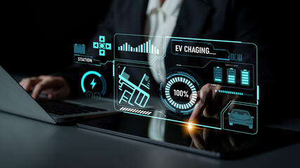 Charging interface for electric vehicles showing real-time battery level, charging status, power output, station location, and navigation for efficient energy management Latch