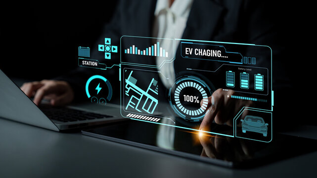 Charging interface for electric vehicles showing real-time battery level, charging status, power output, station location, and navigation for efficient energy management Latch - Powered by Adobe