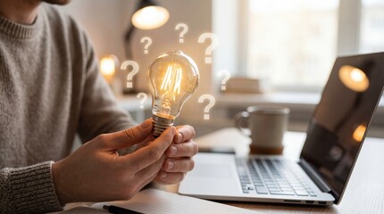 A man sitting at a desk holding a glowing lightbulb with question marks surrounding it, symbolizing a creative idea or inspiration.