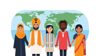 Flat vector illustration of diverse people representing different religions and cultures standing together in front of a world map, symbolizing unity, tolerance, and global harmony