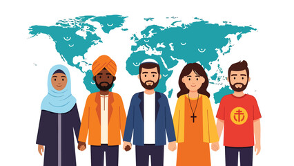 Flat vector illustration of diverse people representing different religions and cultures standing together in front of a world map, symbolizing unity, tolerance, and global harmony
