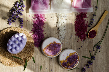 Fragrant lavender sea salt combined with a natural wooden spoon is the perfect element for a spa...