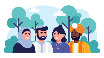 Flat vector illustration of people from different religious backgrounds standing together in a peaceful park, symbolizing unity, tolerance, and harmony for global peace and inclusion campaigns