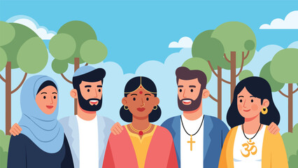 Flat vector illustration of people from different religious backgrounds standing together in a peaceful park, symbolizing unity, tolerance, and harmony for global peace and inclusion campaigns