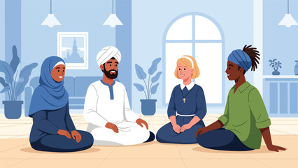 Flat vector illustration of diverse people seated in circle discussing peacefully in community space, representing dialogue, tolerance, and interfaith understanding in inclusive society