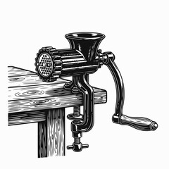 Vintage Meat Grinder Mounted On Wooden Table