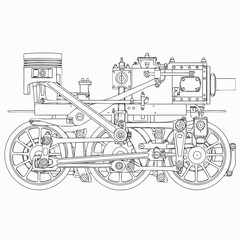 Detailed Vector Line Art Illustration of a Vintage Steam Locomotive Engine Mechanism Blueprint