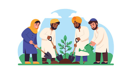 Flat vector illustration of diverse people planting tree together in park, symbolizing peace, cooperation, sustainability, and religious diversity working toward shared future