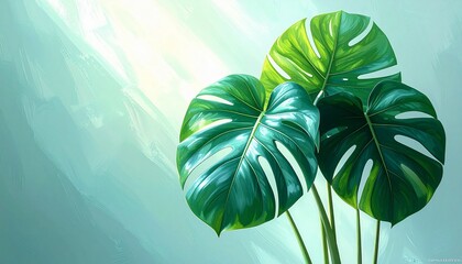 A painting of three glossy Monstera leaves with vibrant green and blue hues