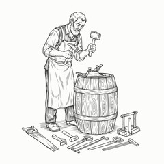 Craftsman Working on a Wooden Barrel with Tools