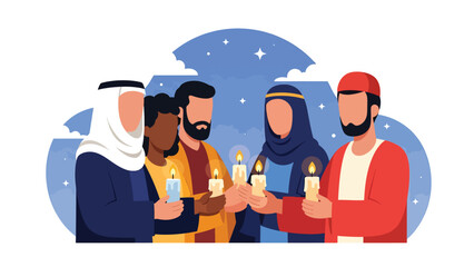 Flat vector illustration of diverse people holding candles together during peaceful vigil, symbolizing solidarity, remembrance, peace, and religious diversity
