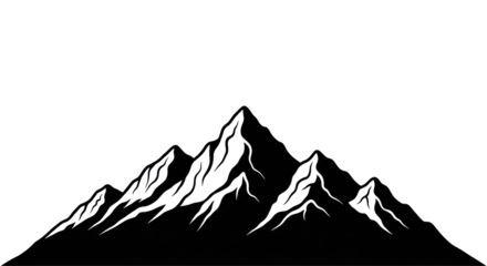 Solid black silhouette of a majestic mountain range with jagged and smooth peaks, set against a vast transparent background with extensive copy space, concept of nature's grandeur and adventure
