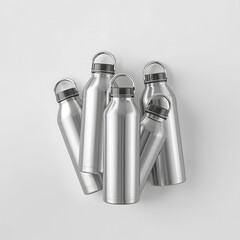 A collection of sleek stainless steel water bottles arranged on a light gray backdrop modern design