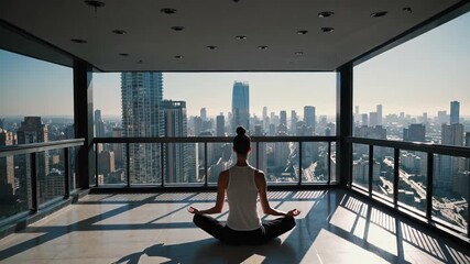 woman sitting in lotus position, meditating in high-rise apartment. person practicing yoga in modern apartment with breathtaking city view. calm meditative atmosphere with urban skyline in background