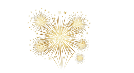 Stylized golden fireworks mid-burst, an abstract radiant explosion with intricate patterns and luminous stars, on a transparent background with ample copy space. Concept of festive celebration and