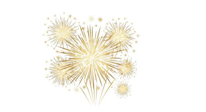 Stylized golden fireworks mid-burst, an abstract radiant explosion with intricate patterns and luminous stars, on a transparent background with ample copy space. Concept of festive celebration and - Powered by Adobe