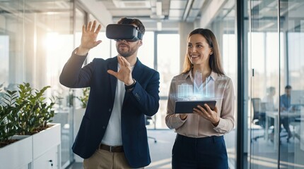 A man wearing a virtual reality headset interacts with a woman holding a tablet in a modern office setting.