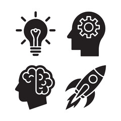 Idea, Innovation and Startup Icons &ndash; Creative Thinking, Brain and Launch Concept Vector