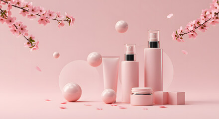 Pink cosmetic bottles and jars with cherry blossoms