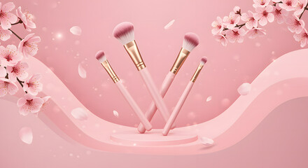 Pink makeup brushes with cherry blossoms and petals