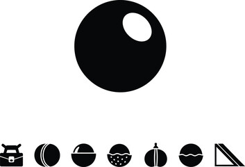 Minimalist Set of Black Sphere and Miscellaneous Icons Including Cricket Ball Briefcase Bowl Mangosteen Perfume Bottle and Sandwich Graphic Isolated on Transparent Background AI Generative
