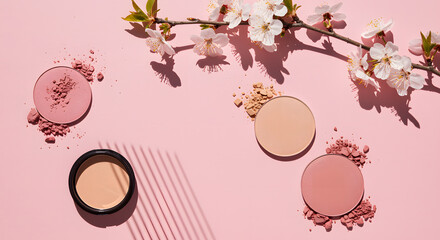 Pink blush and foundation powders with cherry blossoms