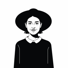 Elegant Woman Portrait Wearing a Wide-Brimmed Hat and White Peter Pan Collar Dress, Minimalist Black and White High Contrast Vector Illustration Graphic Isolated on transparent AI Generative
