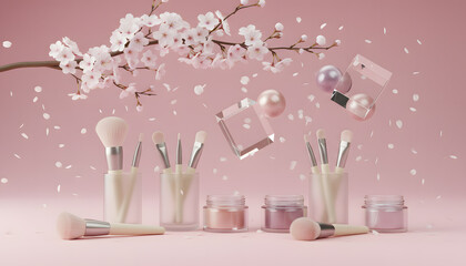 Makeup brushes and cosmetic jars with cherry blossoms