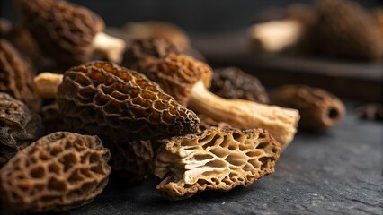 Dried Morel Mushrooms Extreme Macro Close Up Luxury Dark Moody Gourmet Texture