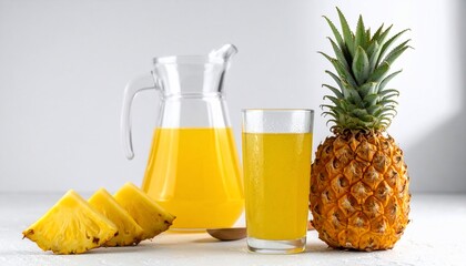 Pineapple fruit with juice in glass and pitcher with slices on a white surface