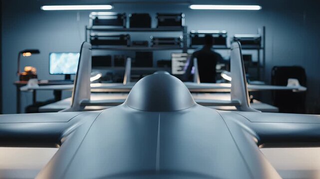 High-tech drone model displayed on workbench with focused technician in background preparing for assembly and testing in modern workspace. modern military technology