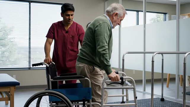Male caregiver assisting senior disabled man in wheelchair to stand using walker in rehabilitation center with supportive environment and equipment