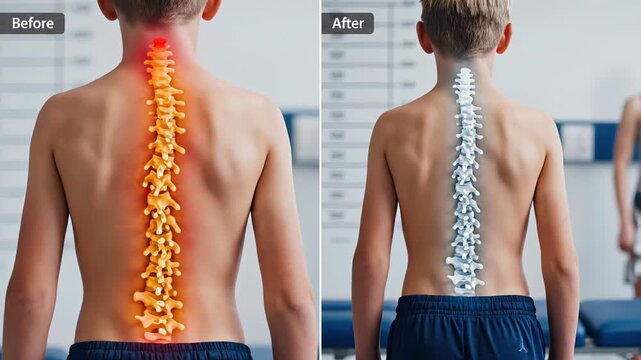 Child undergoing spinal assessment with visible spine illustration transitioning from orange to white, showcasing treatment effectiveness and progress. scoliosis kyphosis