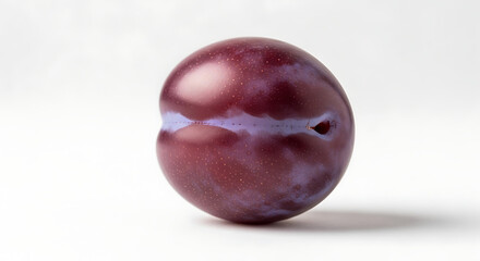 Close up shot of a single ripe plum with a purple hue against a plain white background in studio lighting