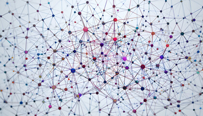 A complex network of colorful lines and dots on a white background
