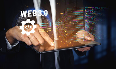 The concept of Web 3.0 development and decentralized data processing. The flow of binary code and information in the next generation internet. Motif