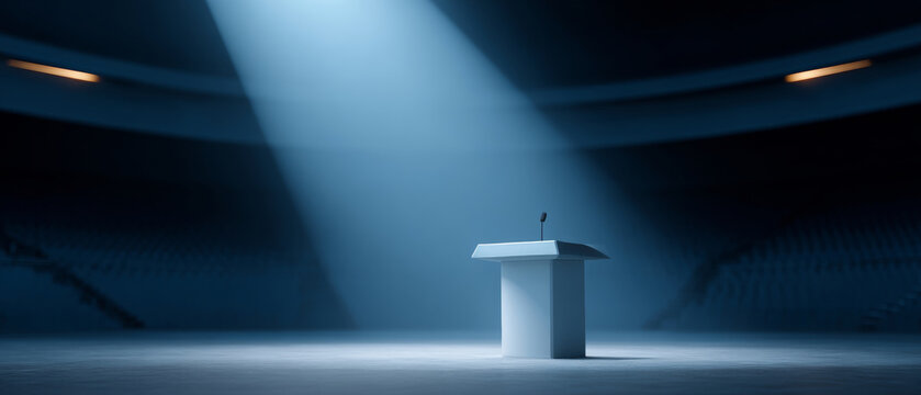 Empty podium with microphone illuminated by spotlight in large dark auditorium or stadium setting