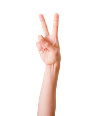 Isolated hand gesturing peace or victory with two fingers