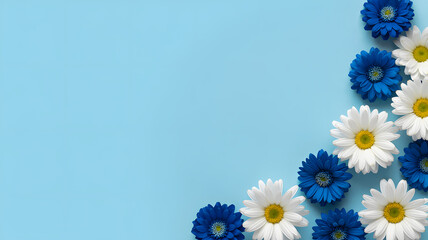 Fototapeta premium Blue and White Daisy Flowers on Light Blue Background with Copy Space