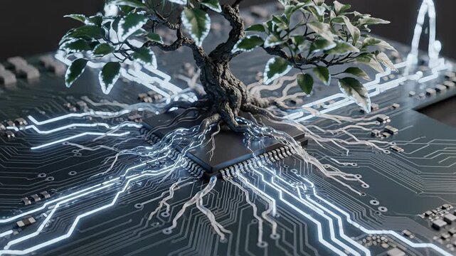 Tree roots intertwining with circuit board, showcasing the fusion of nature and technology through intricate connections and glowing pathways